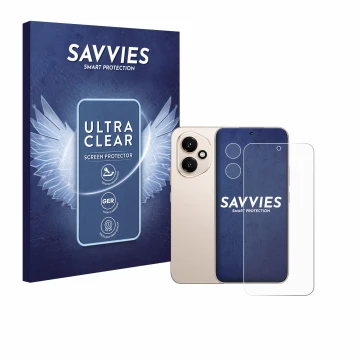 Parte frontal de un envase de producto con el logotipo de la marca Savvies. Al lado se muestra el dispositivo Honor 400 (Front