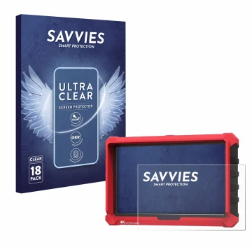 Parte frontal de un envase de producto con el logotipo de la marca Savvies. Al lado se muestra el dispositivo Lilliput A7s 7