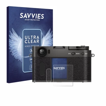 Parte frontal de un envase de producto con el logotipo de la marca Savvies. Al lado se muestra el dispositivo Fujifilm X Half 