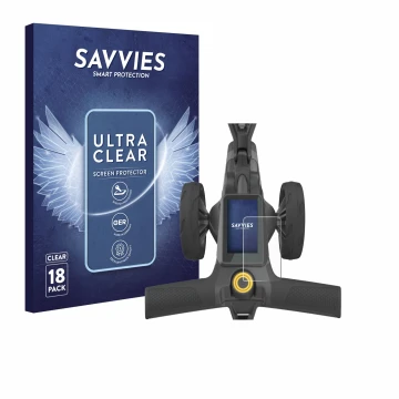 Parte frontal de un envase de producto con el logotipo de la marca Savvies. Al lado se muestra el dispositivo PowaKaddy CT10 c