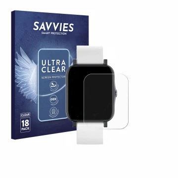 Parte frontal de un envase de producto con el logotipo de la marca Savvies. Al lado se muestra el dispositivo QNix Smartwatch 