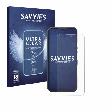 Parte frontal de un envase de producto con el logotipo de la marca Savvies. Al lado se muestra el dispositivo Oukitel WP55 Pro