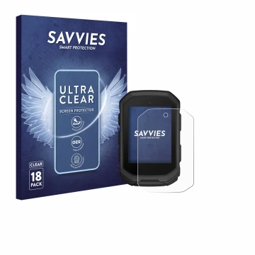 Parte frontal de un envase de producto con el logotipo de la marca Savvies. Al lado se muestra el dispositivo Garmin Edge MTB 