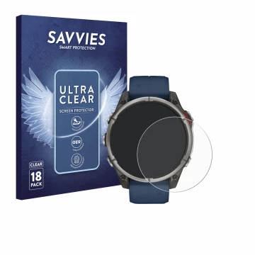 Parte frontal de un envase de producto con el logotipo de la marca Savvies. Al lado se muestra el dispositivo Garmin quatix 8 