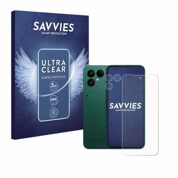 Parte frontal de un envase de producto con el logotipo de la marca Savvies. Al lado se muestra el dispositivo Fairphone 6 (Fro
