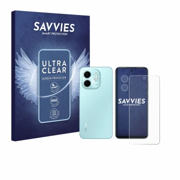 Parte frontal de un envase de producto con el logotipo de la marca Savvies. Al lado se muestra el dispositivo Infinix Smart 9 