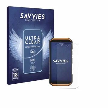Parte frontal de un envase de producto con el logotipo de la marca Savvies. Al lado se muestra el dispositivo Ulefone Armor X3