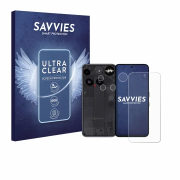 Parte frontal de un envase de producto con el logotipo de la marca Savvies. Al lado se muestra el dispositivo Nothing Phone (3