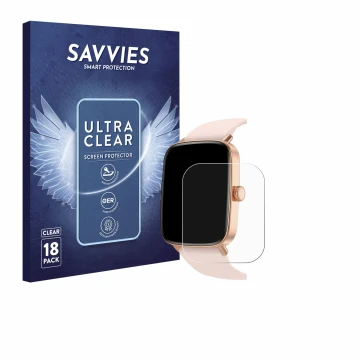 Parte frontal de un envase de producto con el logotipo de la marca Savvies. Al lado se muestra el dispositivo Yoever Smartwatc