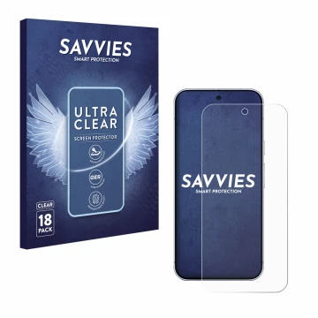 Parte frontal de un envase de producto con el logotipo de la marca Savvies. Al lado se muestra el dispositivo Google Pixel 10 