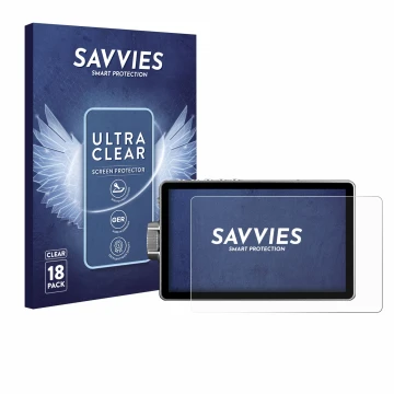 Parte frontal de un envase de producto con el logotipo de la marca Savvies. Al lado se muestra el dispositivo Viltrox DC-A1 28