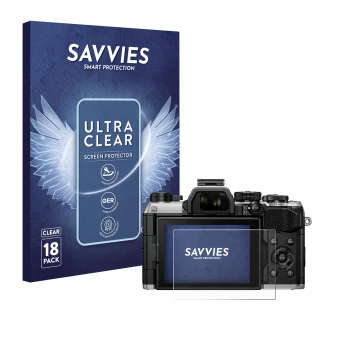 Parte frontal de un envase de producto con el logotipo de la marca Savvies. Al lado se muestra el dispositivo Olympus OM Syste