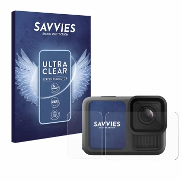 Parte frontal de un envase de producto con el logotipo de la marca Savvies. Al lado se muestra el dispositivo GoPro Hero 13 Bl
