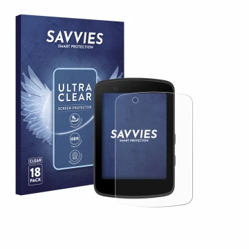 Parte frontal de un envase de producto con el logotipo de la marca Savvies. Al lado se muestra el dispositivo Bryton Rider 650