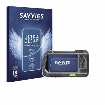 Parte frontal de un envase de producto con el logotipo de la marca Savvies. Al lado se muestra el dispositivo Teslong NTS500 c