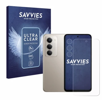 Parte frontal de un envase de producto con el logotipo de la marca Savvies. Al lado se muestra el dispositivo Xiaomi Redmi 15 