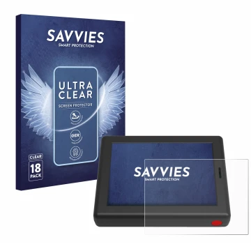 Parte frontal de un envase de producto con el logotipo de la marca Savvies. Al lado se muestra el dispositivo XC Tracer Maxx I