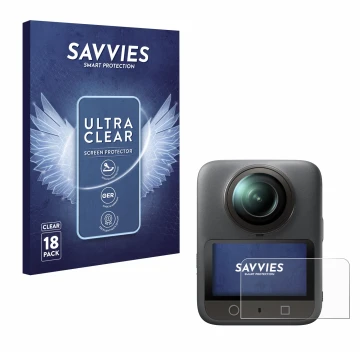 Parte frontal de un envase de producto con el logotipo de la marca Savvies. Al lado se muestra el dispositivo DJI Osmo 360 con