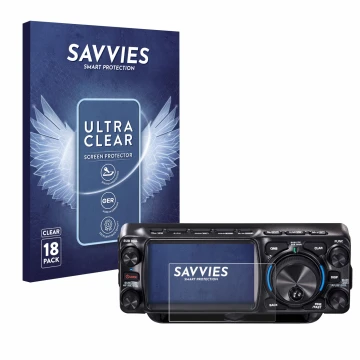 Parte frontal de un envase de producto con el logotipo de la marca Savvies. Al lado se muestra el dispositivo Yaesu FTX-1 con 