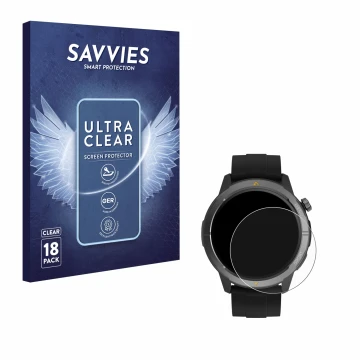 Parte frontal de un envase de producto con el logotipo de la marca Savvies. Al lado se muestra el dispositivo AGM Legion Watch