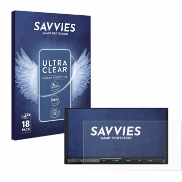Parte frontal de un envase de producto con el logotipo de la marca Savvies. Al lado se muestra el dispositivo Kenwood DMX8021D