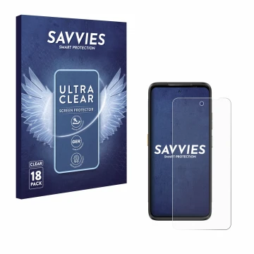 Parte frontal de un envase de producto con el logotipo de la marca Savvies. Al lado se muestra el dispositivo Ulefone Armor 23