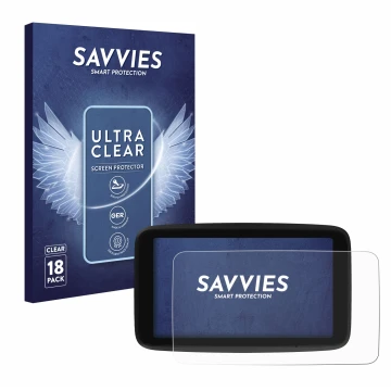 Parte frontal de un envase de producto con el logotipo de la marca Savvies. Al lado se muestra el dispositivo TomTom GO Classi