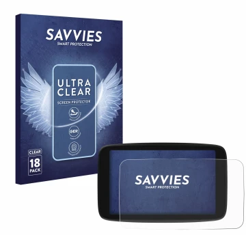 Parte frontal de un envase de producto con el logotipo de la marca Savvies. Al lado se muestra el dispositivo TomTom Go Naviga