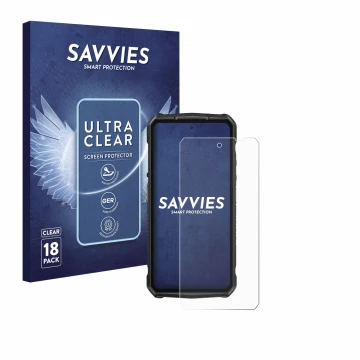 Parte frontal de un envase de producto con el logotipo de la marca Savvies. Al lado se muestra el dispositivo Ulefone Armor 29