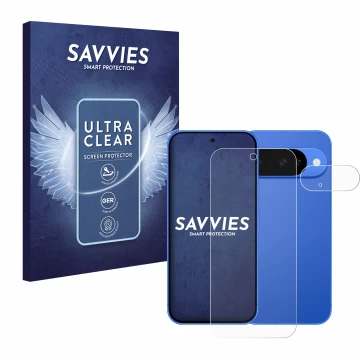 Parte frontal de un envase de producto con el logotipo de la marca Savvies. Al lado se muestra el dispositivo Google Pixel 10 