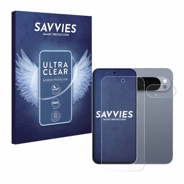 Parte frontal de un envase de producto con el logotipo de la marca Savvies. Al lado se muestra el dispositivo Google Pixel 10 