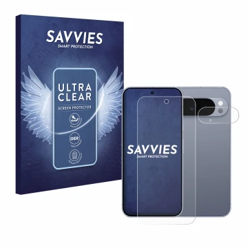 Parte frontal de un envase de producto con el logotipo de la marca Savvies. Al lado se muestra el dispositivo Google Pixel 10 