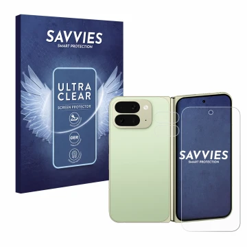 Parte frontal de un envase de producto con el logotipo de la marca Savvies. Al lado se muestra el dispositivo Google Pixel 10 