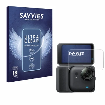 Parte frontal de un envase de producto con el logotipo de la marca Savvies. Al lado se muestra el dispositivo Insta360 Go Ultr