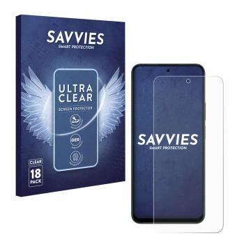 Parte frontal de un envase de producto con el logotipo de la marca Savvies. Al lado se muestra el dispositivo Honor X7d 5G con