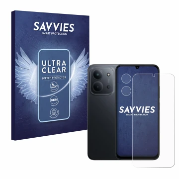 Parte frontal de un envase de producto con el logotipo de la marca Savvies. Al lado se muestra el dispositivo Xiaomi Redmi 15C