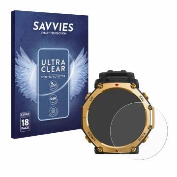Parte frontal de un envase de producto con el logotipo de la marca Savvies. Al lado se muestra el dispositivo Huami Amazfit T-