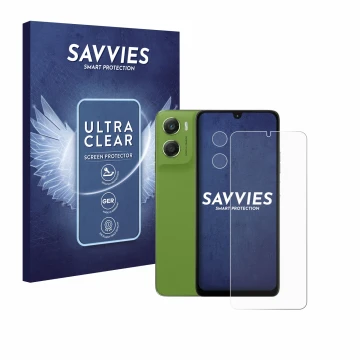 Parte frontal de un envase de producto con el logotipo de la marca Savvies. Al lado se muestra el dispositivo Motorola Moto G0