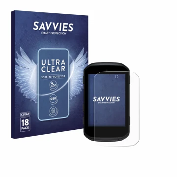 Parte frontal de un envase de producto con el logotipo de la marca Savvies. Al lado se muestra el dispositivo Garmin Edge 550 