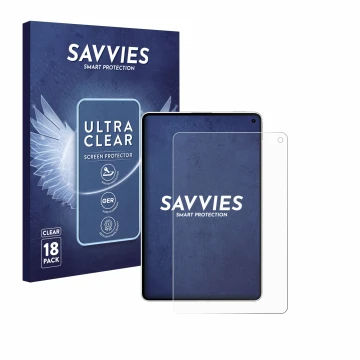 Parte frontal de un envase de producto con el logotipo de la marca Savvies. Al lado se muestra el dispositivo Huawei MatePad M
