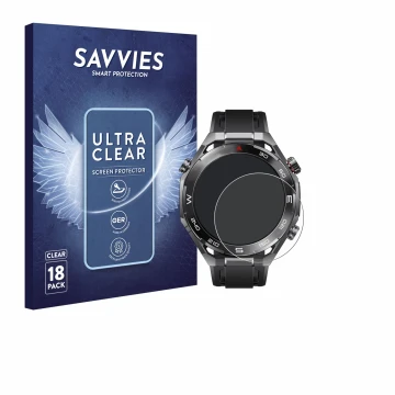 Parte frontal de un envase de producto con el logotipo de la marca Savvies. Al lado se muestra el dispositivo Huawei Watch Ult