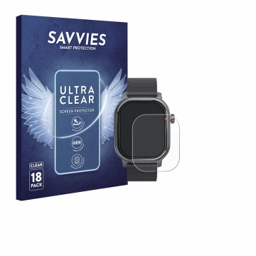Parte frontal de un envase de producto con el logotipo de la marca Savvies. Al lado se muestra el dispositivo Kospet Pulse con