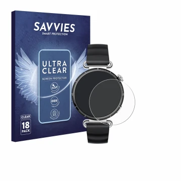 Parte frontal de un envase de producto con el logotipo de la marca Savvies. Al lado se muestra el dispositivo Huawei Watch GT 
