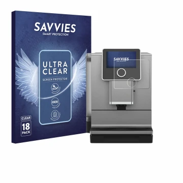 Parte frontal de un envase de producto con el logotipo de la marca Savvies. Al lado se muestra el dispositivo Nivona NICR 970 