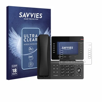 Parte frontal de un envase de producto con el logotipo de la marca Savvies. Al lado se muestra el dispositivo Snom D865 con su