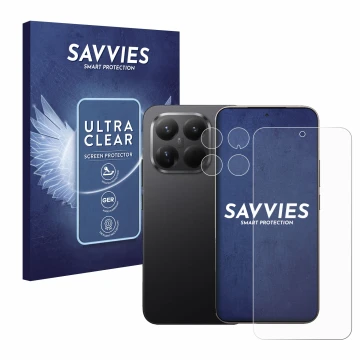 Parte frontal de un envase de producto con el logotipo de la marca Savvies. Al lado se muestra el dispositivo Xiaomi 15T Pro (