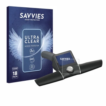 Parte frontal de un envase de producto con el logotipo de la marca Savvies. Al lado se muestra el dispositivo Motocaddy M7 GPS