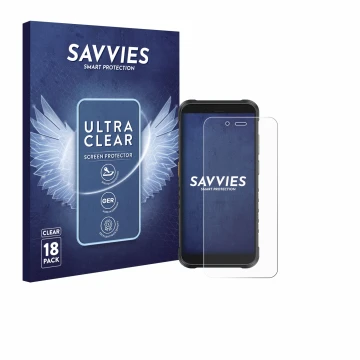 Parte frontal de un envase de producto con el logotipo de la marca Savvies. Al lado se muestra el dispositivo Ulefone RugKing 