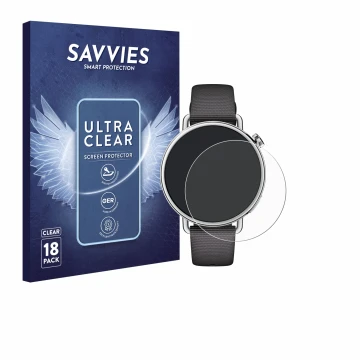Parte frontal de un envase de producto con el logotipo de la marca Savvies. Al lado se muestra el dispositivo Xiaomi Watch S4 