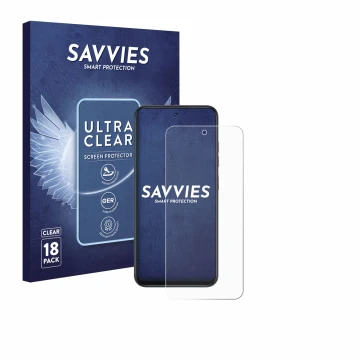 Parte frontal de un envase de producto con el logotipo de la marca Savvies. Al lado se muestra el dispositivo Infinix Smart 10